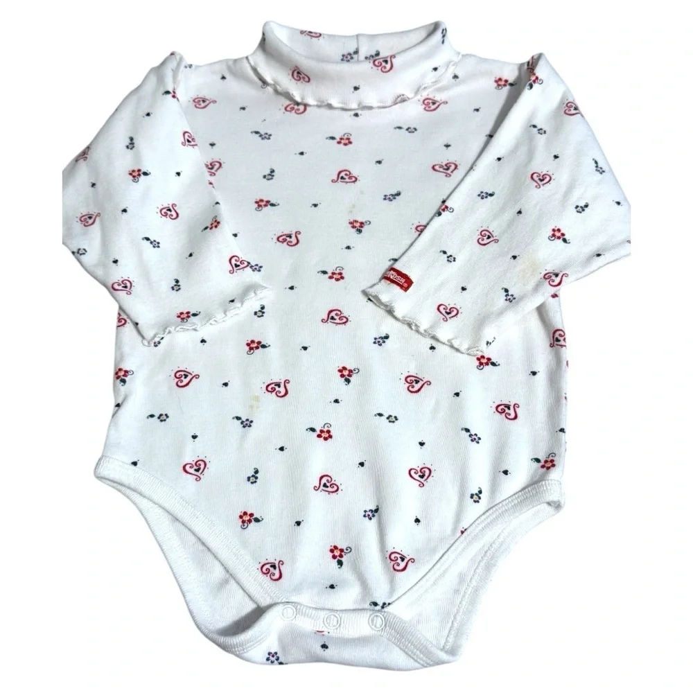 Vintage OshKosh B’gosh Baby Bodysuit 18M White Floral Hearts Turtleneck